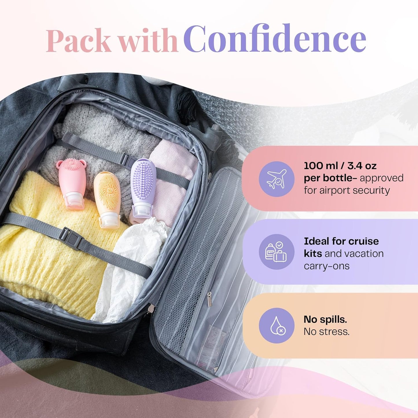 Sumina Silicone Travel Bottles 3 Pack (3.4oz) – TSA-Approved Leak-Proof Toiletry Containers with 2-in-1 Built-In Exfoliating Scrubber – Refillable for Travel, Gym & Skincare