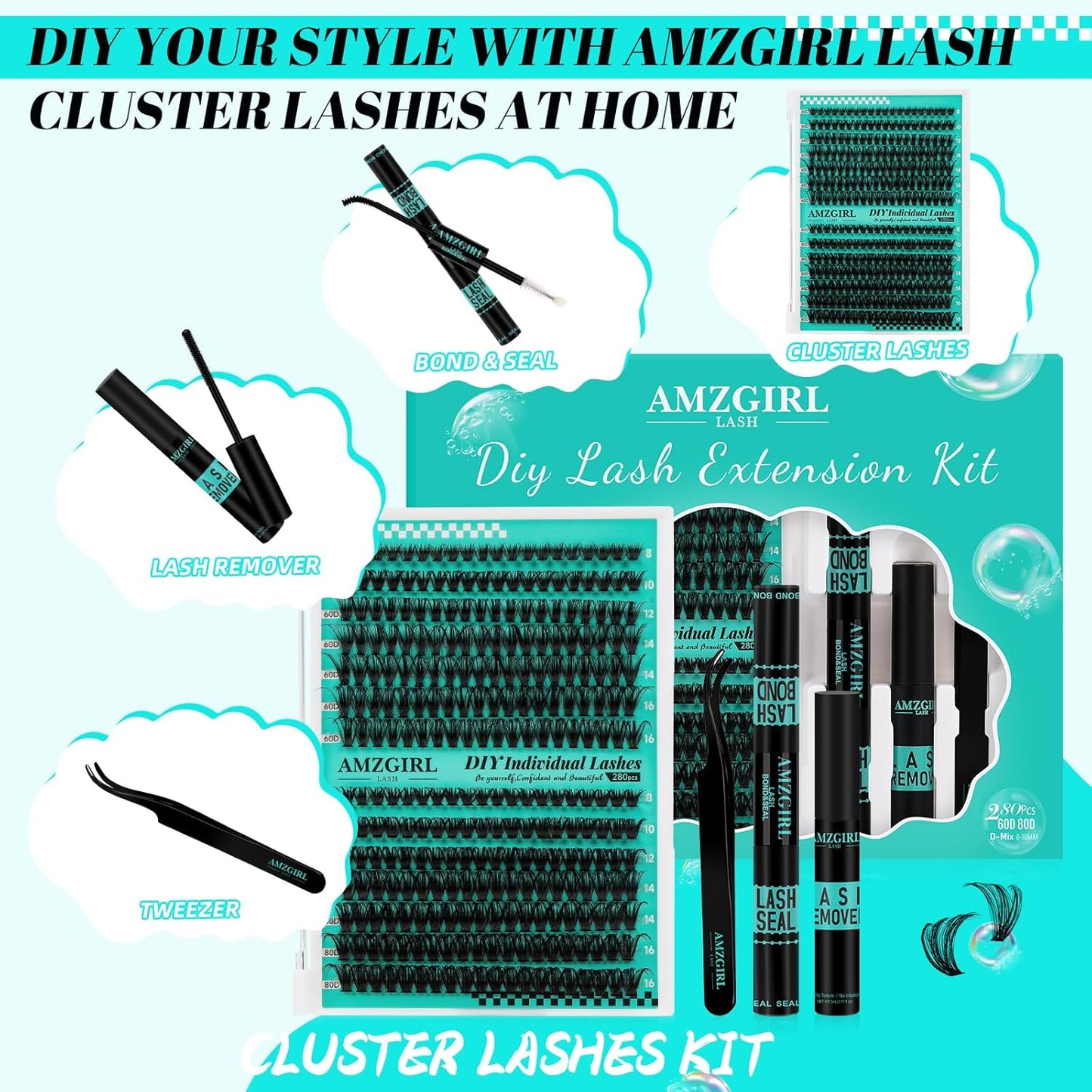 Lash Clusters Kit,280Pcs Individual 60D 80D Eyelash Extension Kit,Lash Bond and Seal,Lash Remover For Eyelashes Extensions,Lash Applicator Tool For False Lashes Cluster Kit At Home(D-Mix9-16mm)
