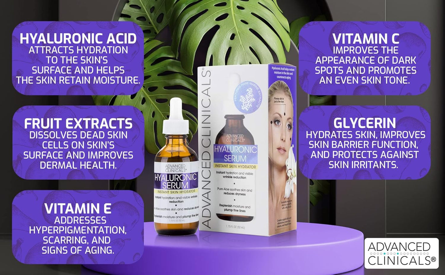Advanced Clinicals Hyaluronic Acid Face Serum Skin Care Facial Moisturizer To Restore Skin, Anti Aging Face Serum For Wrinkles, Dark Spots, Fine Lines, & Dry Skin, 1.75 Fl Oz (Pack Of 2)