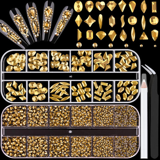 1680Pcs Mineral Gold Glass Nail Rhinestones 180Pcs Multi Shapes Flatback Nail Gems + 1500Pcs 1.5-4mm Round Crystal, Manicure Nail Charms Diamond Gemstones for Acrylic Nails Decoration