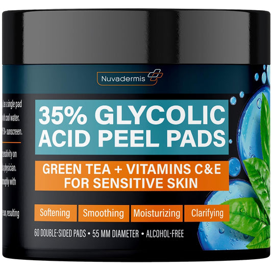 NUVADERMIS 35% Glycolic Acid Peel Pads – Exfoliating Facial Resurfacing for Blackheads, Dark Spots, and Acne – Safe for Sensitive Skin – 60 Double-Sided Pads