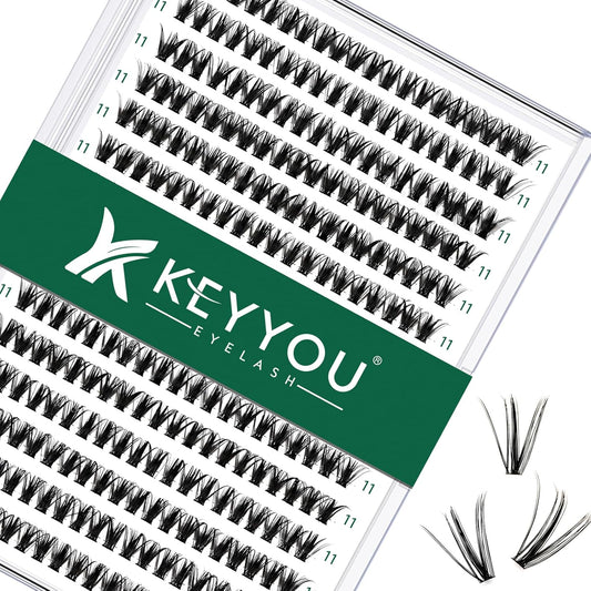 Lash Clusters 300pcs Individual Lashes 40D 0.07D Curl 11mm DIY Eyelash Extension KEYYOU Large Tray Volume Soft&Natural Cluster Lashes(40D-0.07D,11）