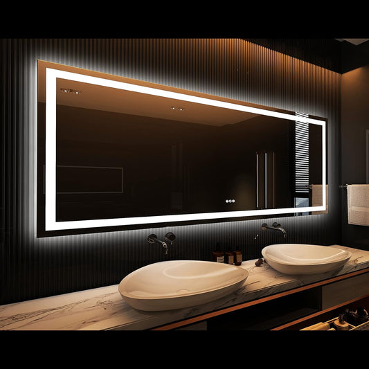 Amorho LED Bathroom Mirror 96" X36" with Front and Backlight, Large Dimmable Wall Mirrors with Anti-Fog, Shatter-Proof, Memory, 3 Colors, Double LED Vanity Mirror, ETL Listed