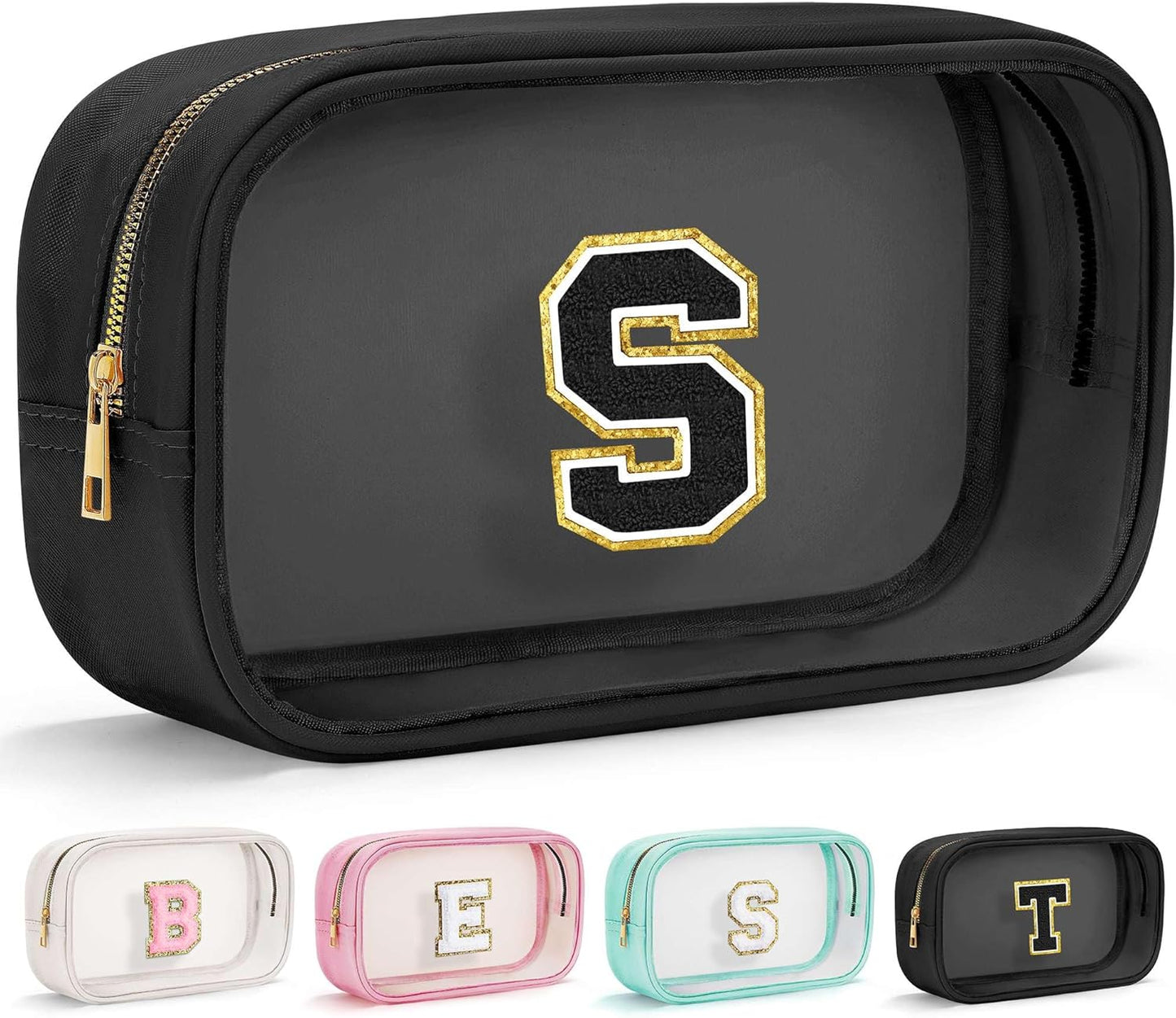 YOOLIFE Travel Clear Makeup Bag Toiletry Bag, Make up Bag Waterproof Toiletry Bags for Women Cosmetic Bag Birthday Gifts for Women Personalized Mother Girlfriend Wife Bridesmaid Gifts Black Letter S