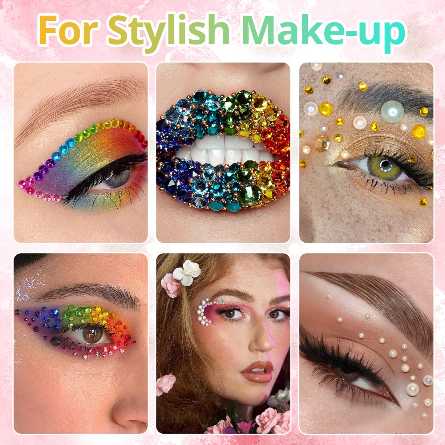 Colorful Flatback Face Gems and Beige AB Pearls for Makeup with Quick Dry Glue, Half Round Pearls Nail Art Rhinestones Glass Crystal Beads for Make-up Deco with Pickup Pencil + Tweezer