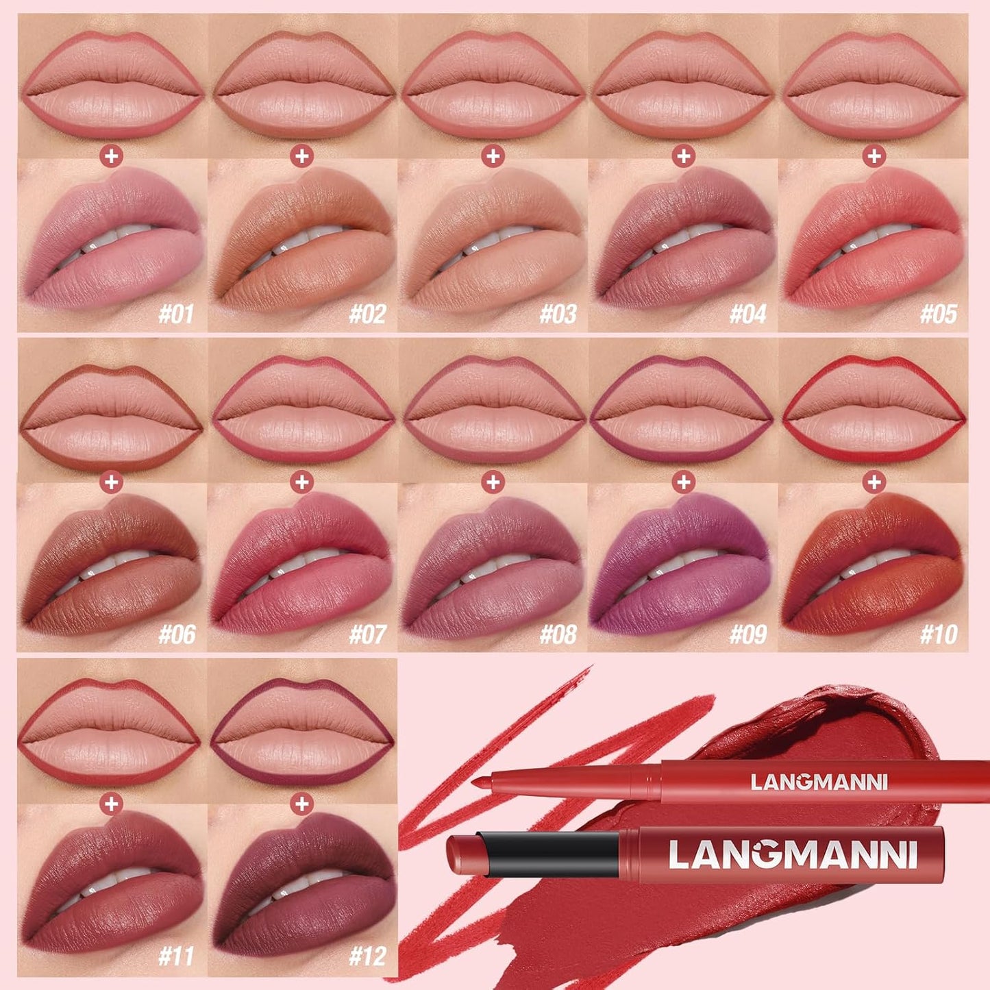 Jolilab 4Pcs Lip Set: 2 Colors Lip Liner+2 Colors Lipstick, Matte/Creamy,Smooth Creamy Texture,Long-Lasting,Bold/Nude Shades for Daily/Party, Vegan, Gift for Makeup Lovers.(#05+06)