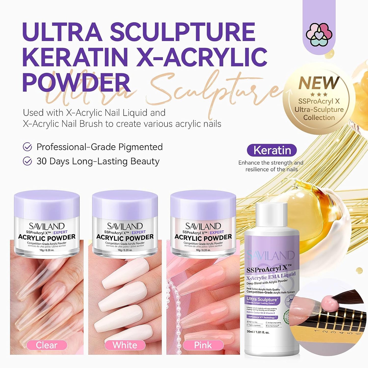 SAVILAND Acrylic Nail Kit for Beginners: White Pink Clear Acrylic Powder and Liquid Set with EMA Acrylic Liquid Monomer Nail Brush Forms Tools and Cuticle Essentials Oil for Nails Home Manicure DIY