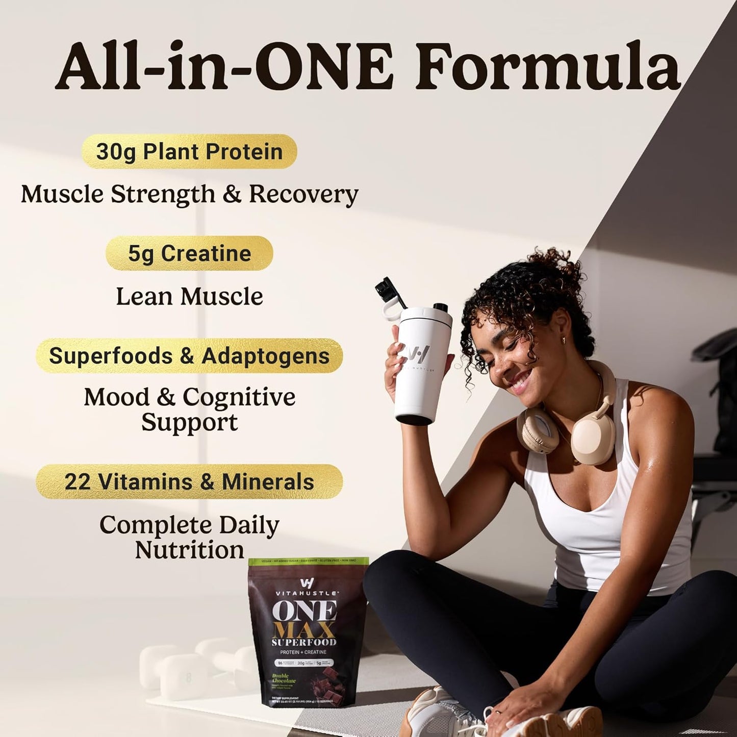 VitaHustle ONE Max Protein Powder, 30g Plant Protein + 5g Creatine, All-in-One Meal Replacement Shake with Greens, Adaptogens, Ashwagandha, Probiotics & Vitamins – Double Chocolate, 15 Servings