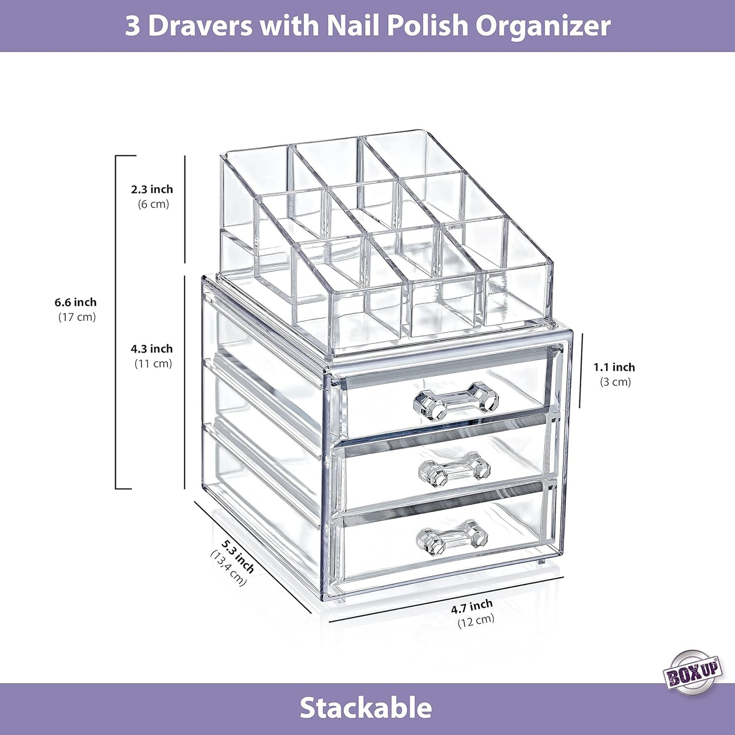Boxup Makeup Organizer 3 Drawers,Makeup Organizers For Nail Polishers Clear Cosmetic Display Cases Stackable Storage Box With 3 Drawers For Vanity