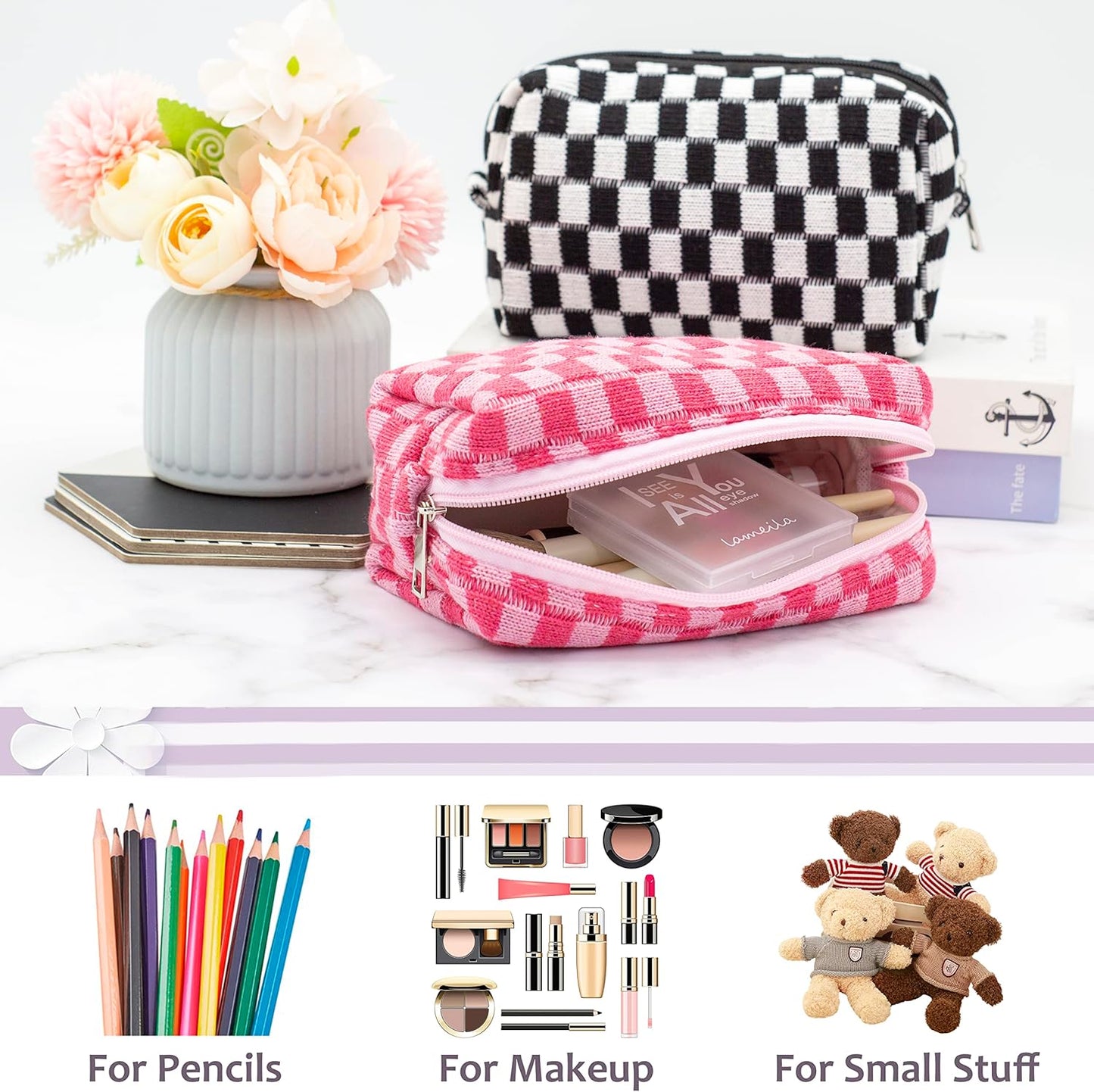 PAZIMIIK Checkered Makeup Bag for Purse Portable Zipper Make Up Pouch Small Cosmetic Case for Travel Accessories (2PCS Blue Hotpink)