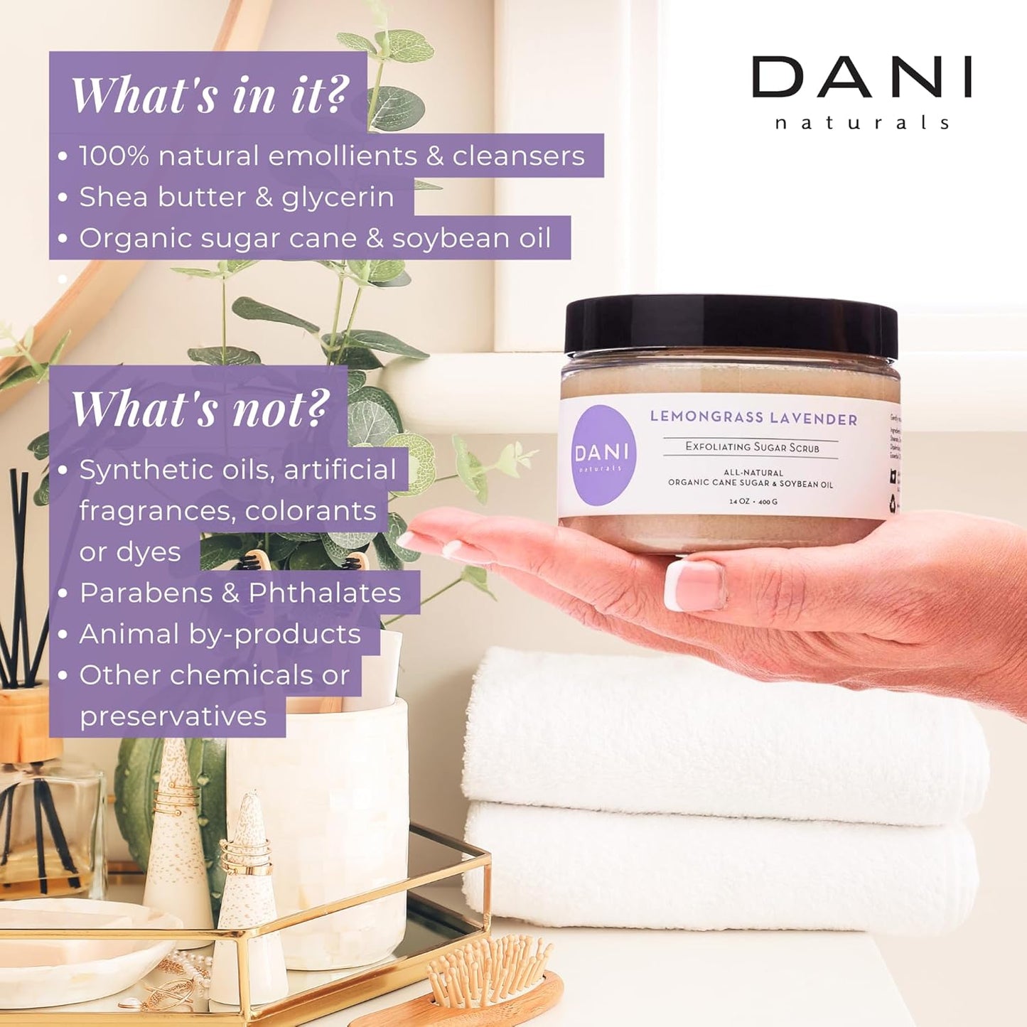 Naturals Sugar Scrub - Exfoliating Lemongrass Lavender with organic cane sugar and shea butter gently exfoliates and hydrates, leaving skin smooth and refreshed. 14 oz