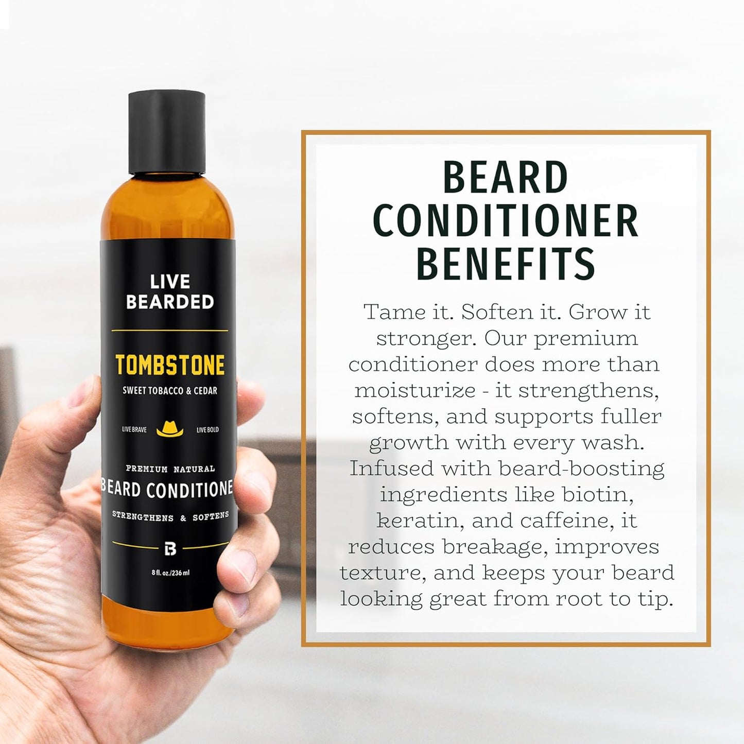 Live Bearded Beard Conditioner, 8 fl oz - Strengthens and Softens Facial Hair - Made in the USA - All-Natural Ingredients with Biotin, Caffeine | Tombstone Scent - Sweet Tobacco, Cedar