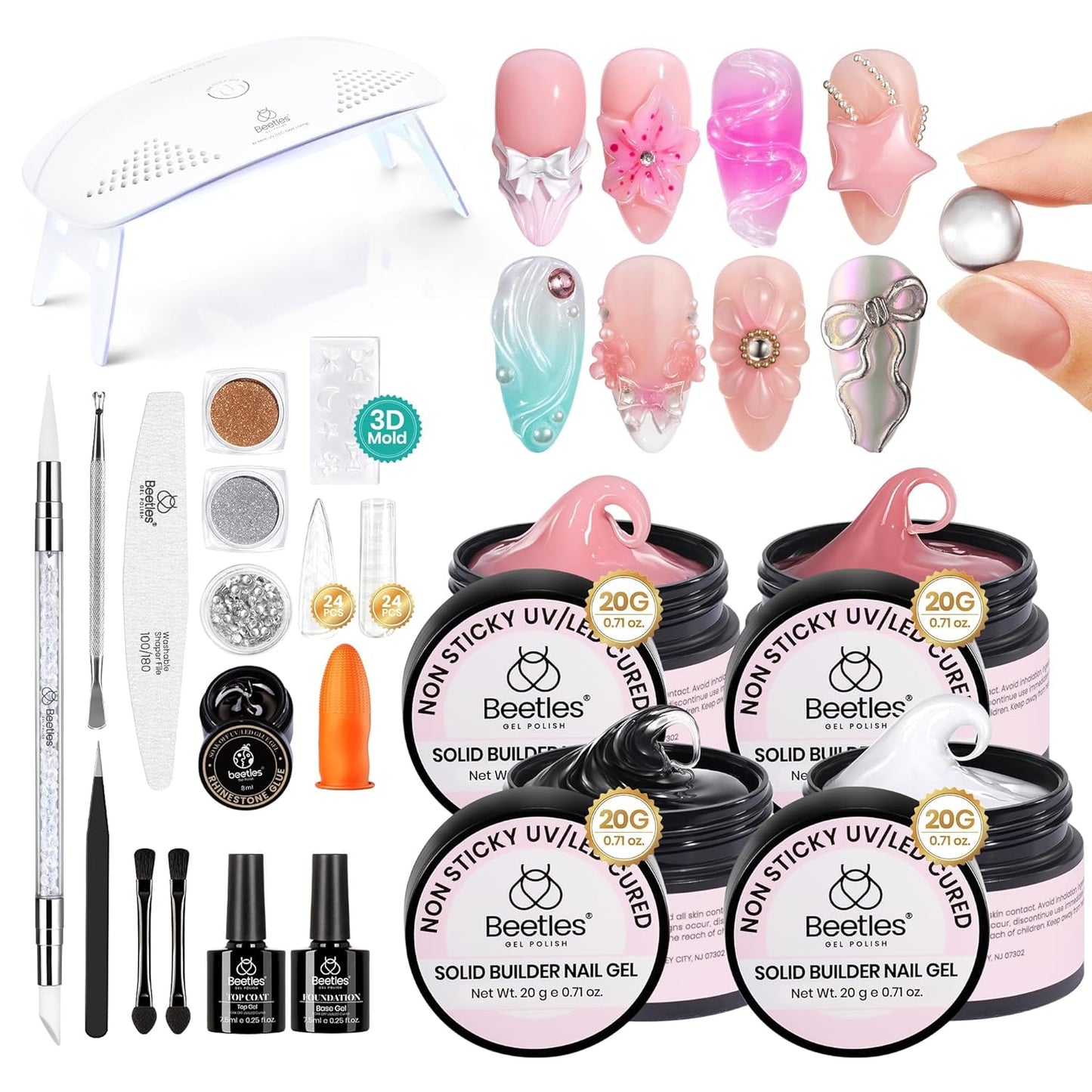 Beetles Solid Builder Gel for Nails, 20g *4 Colors Clear Pink White 3D Sculpting Gel Non-Sticky Hand Carving Nail Glue for 3D Nail Art with 3D Mold Chrome Nail Powder Tools Salon DIY at Home