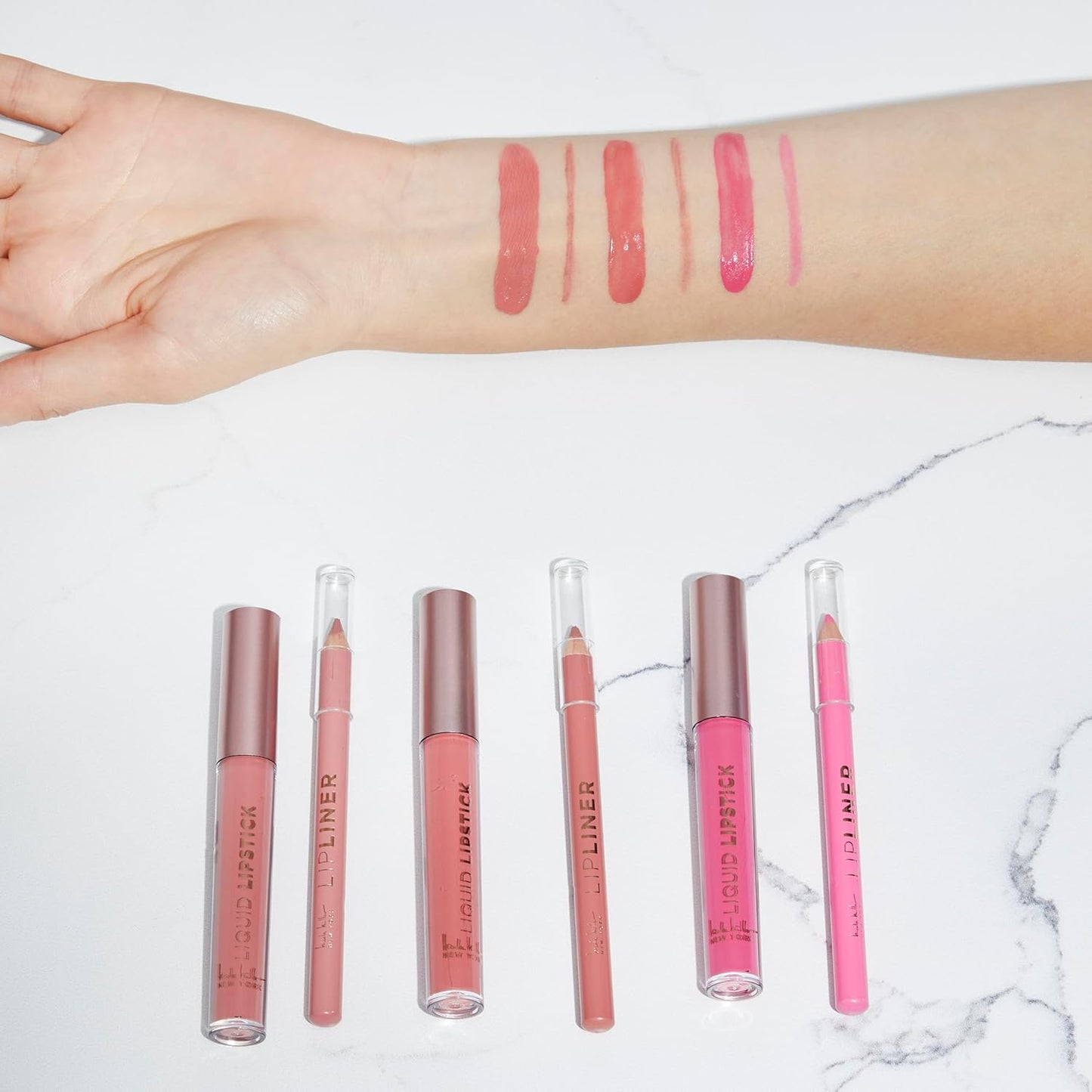 Nicole Miller Rosy Nudes Lip Collection | 6 Piece Set | 3 Luxurious Lip Liners & 3 Liquid Lip Sticks in Light Rose, Rosy Mauve, and Deep Peach