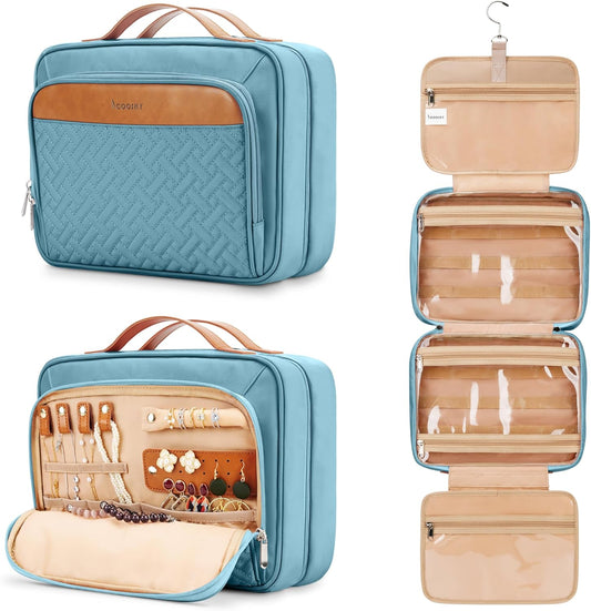 Travel Hanging Toiletry Bag for Women, Cruise Ship Essentials, with Jewelry Organizer, Extra Large Makeup Dopp Kit, Waterproof Cosmetic Bags, Toiletries Kit Set with Trolley Belt, Sky Blue