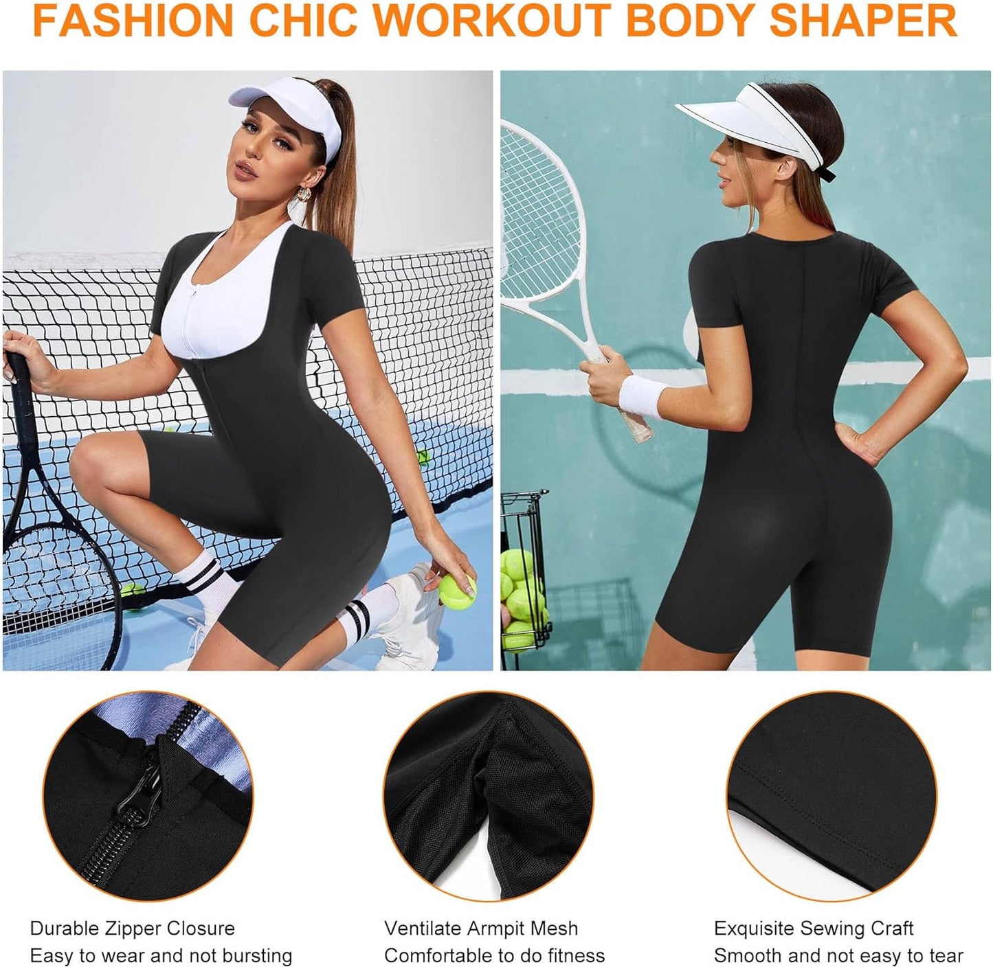 URSEXYLY Sauna Suit for Women Sweat Vest Waist Trainer 3 in 1 Slimming Full Body Shaper Workout Top with Sleeve Shorts