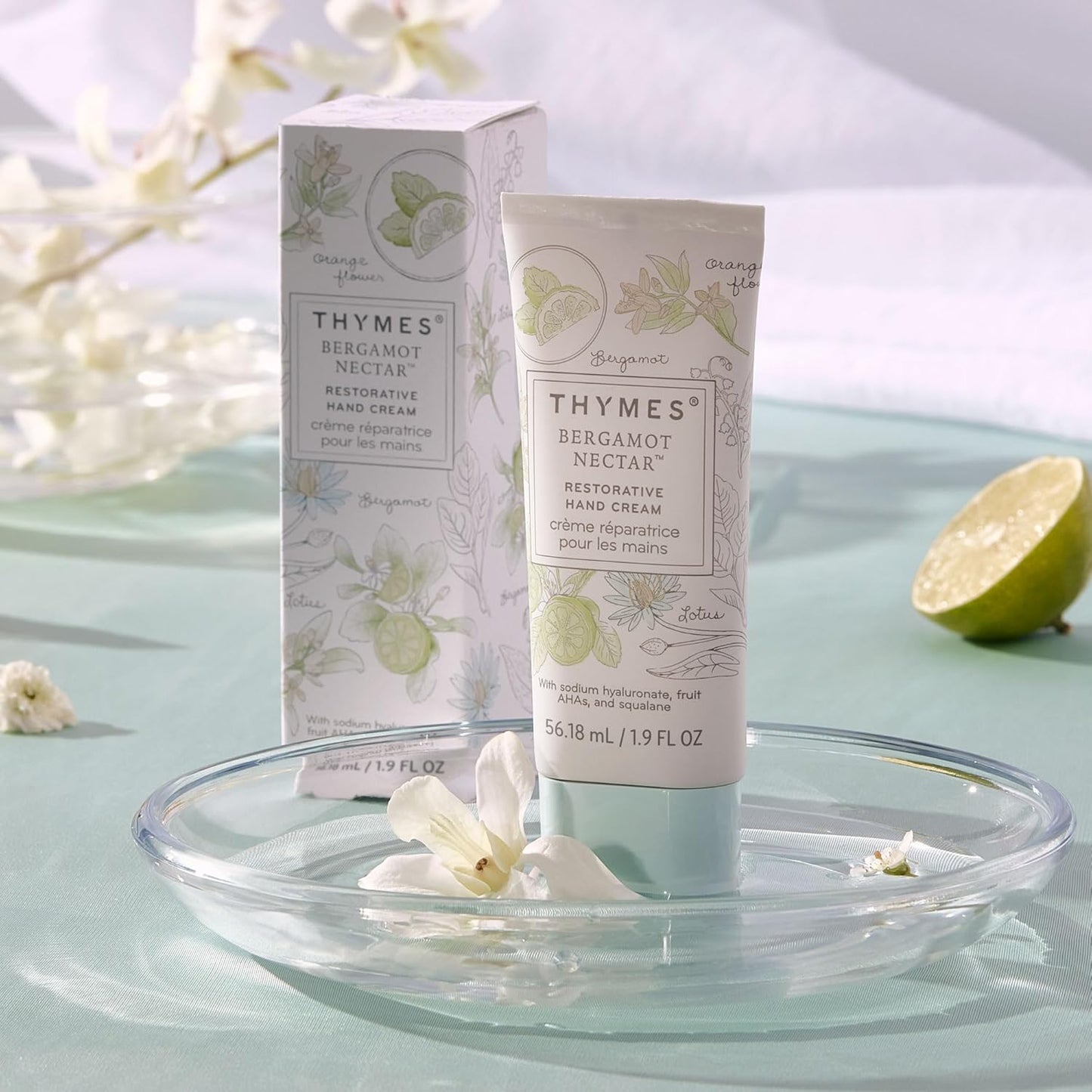 Thymes Restorative Hand Cream for Women & Men - Moisturizing Hand Cream Travel Size - Notes of Bergamot, Lemon, Orange Flower, Lotus, & Sandalwood - Skin Care (Bergamot Nectar, 1.9 fl oz)