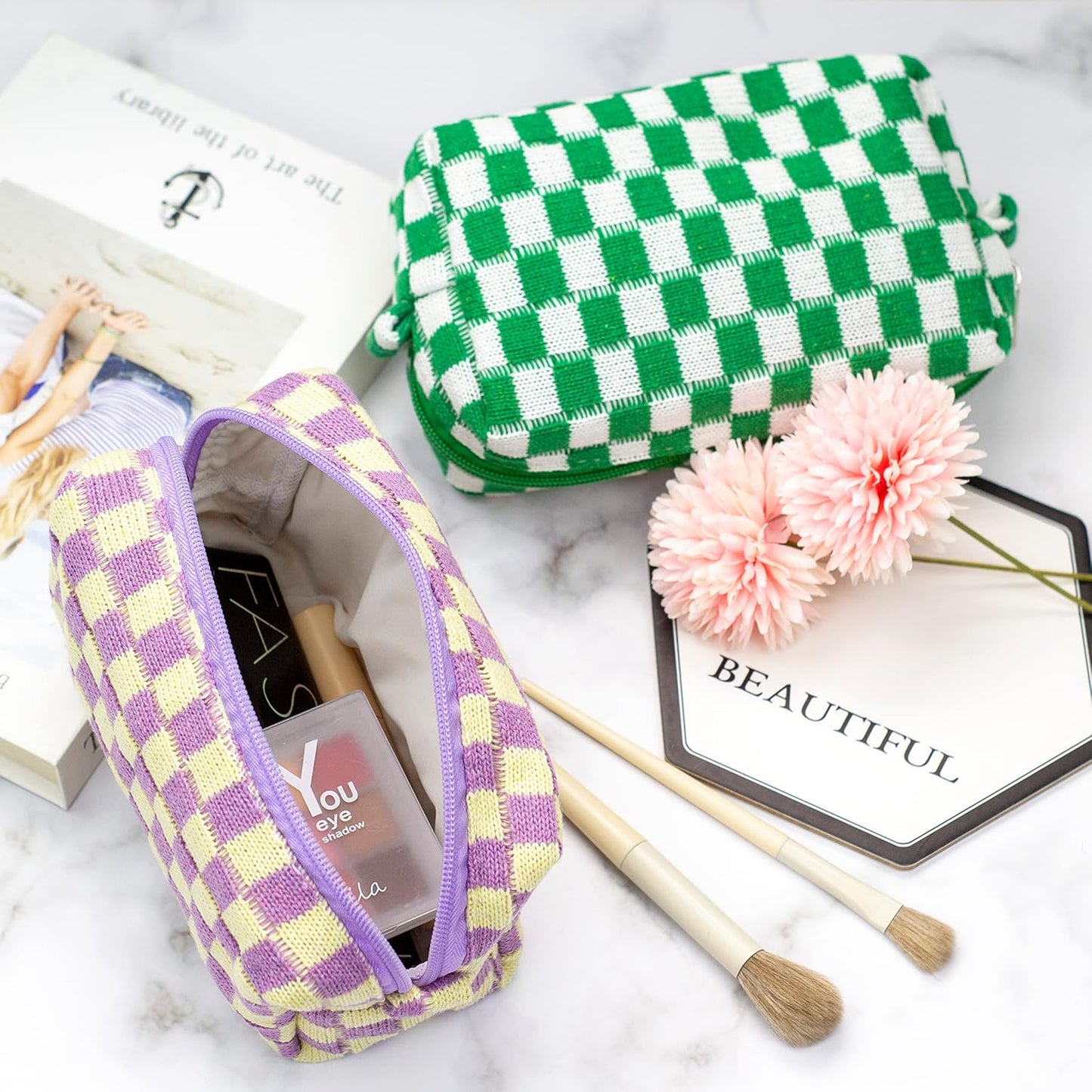 PAZIMIIK Checkered Makeup Bag for Purse Portable Zipper Make Up Pouch Small Cosmetic Case for Travel Accessories (6PCS Purple)