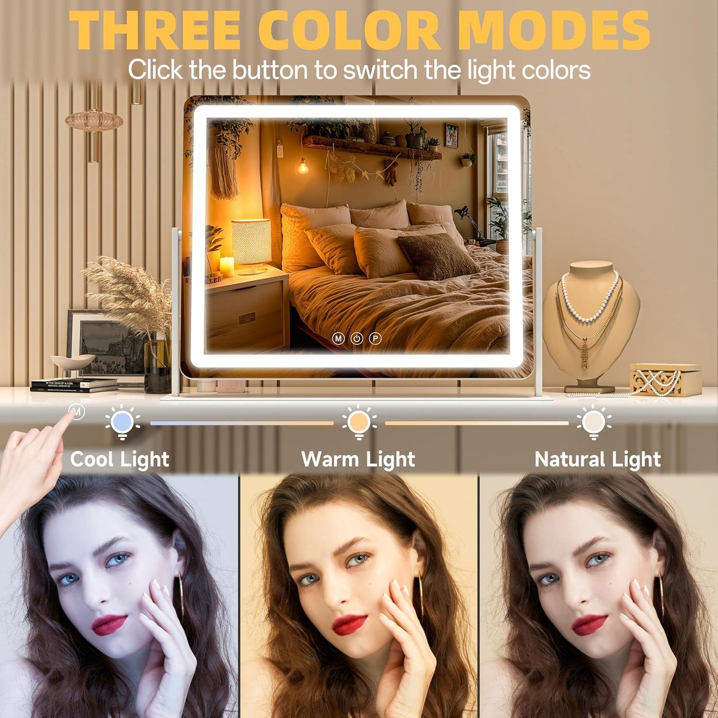 Vanity Mirror with Lights, 25.6'' x 22'' Lighted Makeup Mirror, Touch Screen with 3-Color Lighting, Dimmable for Vanity Desk Tabletop Round White