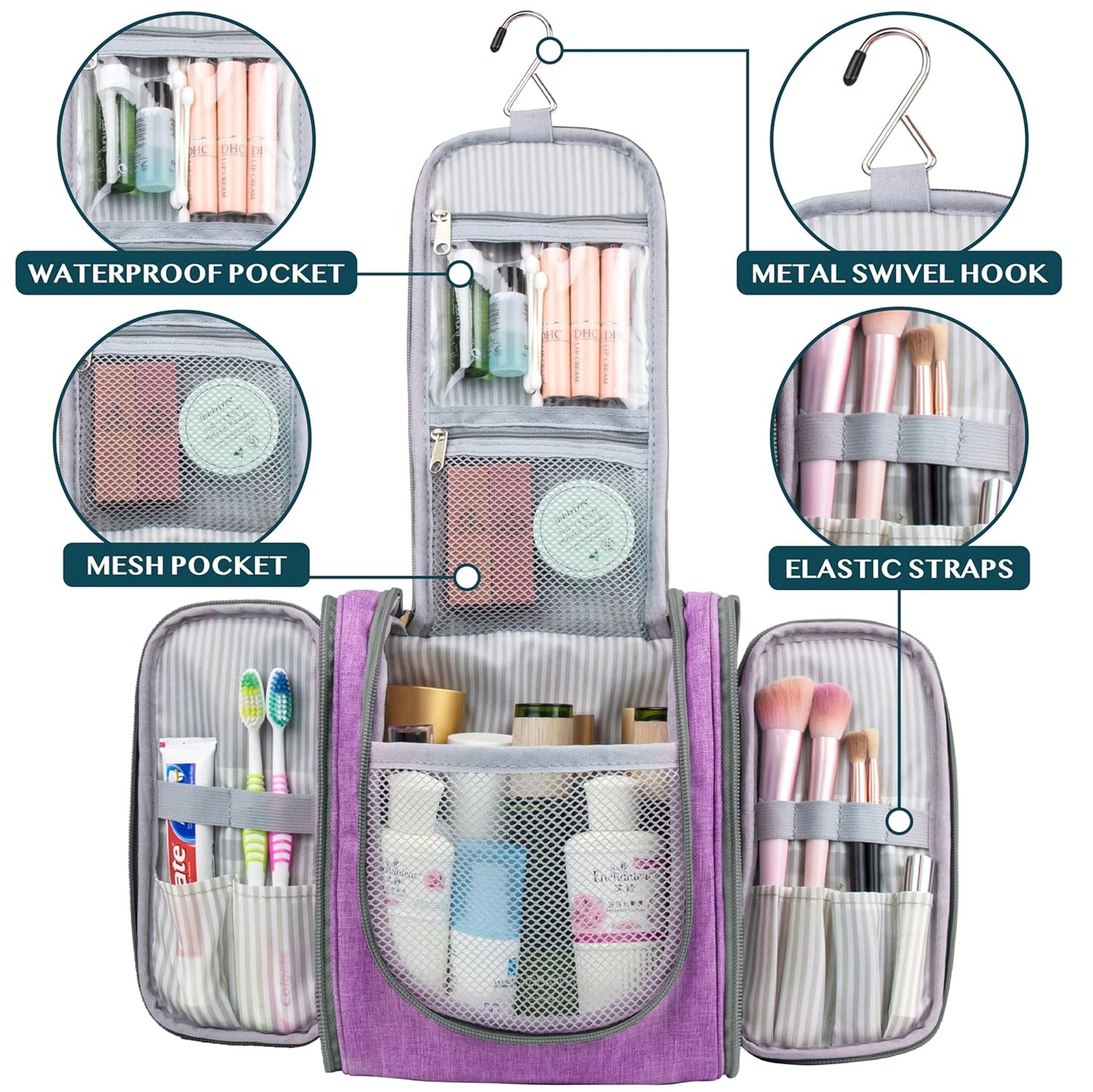 PAVILIA Toiletry Bag Travel Bag for Women Men, Hanging Cosmetic Organizer, Water Resistant Makeup Bag for Accessories Toiletries, Large Travel Essentials Kit (Purple)