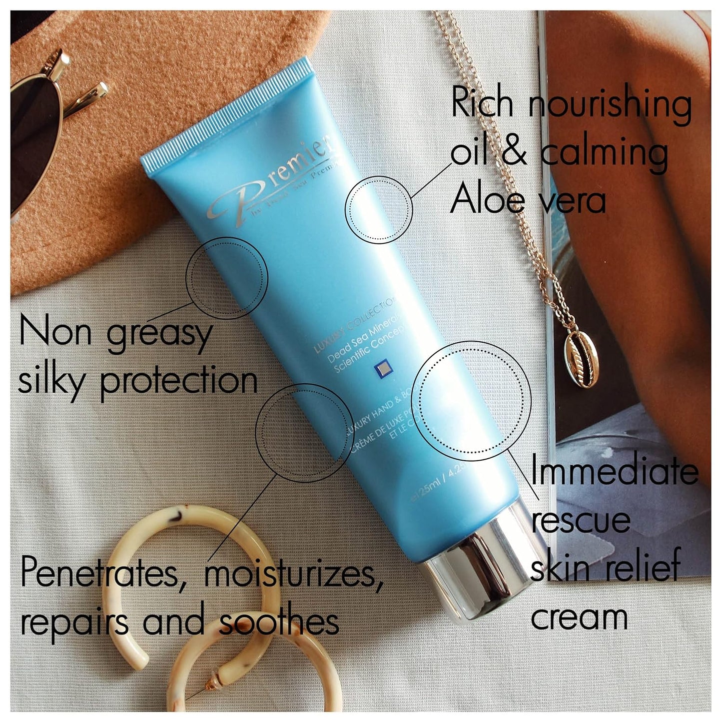 Premier Dead Sea Luxury Hand & Body Cream, hydrating, fast absorbing, no tackiness, relaxing , with witch hazel and vitamins 4.25fl.oz