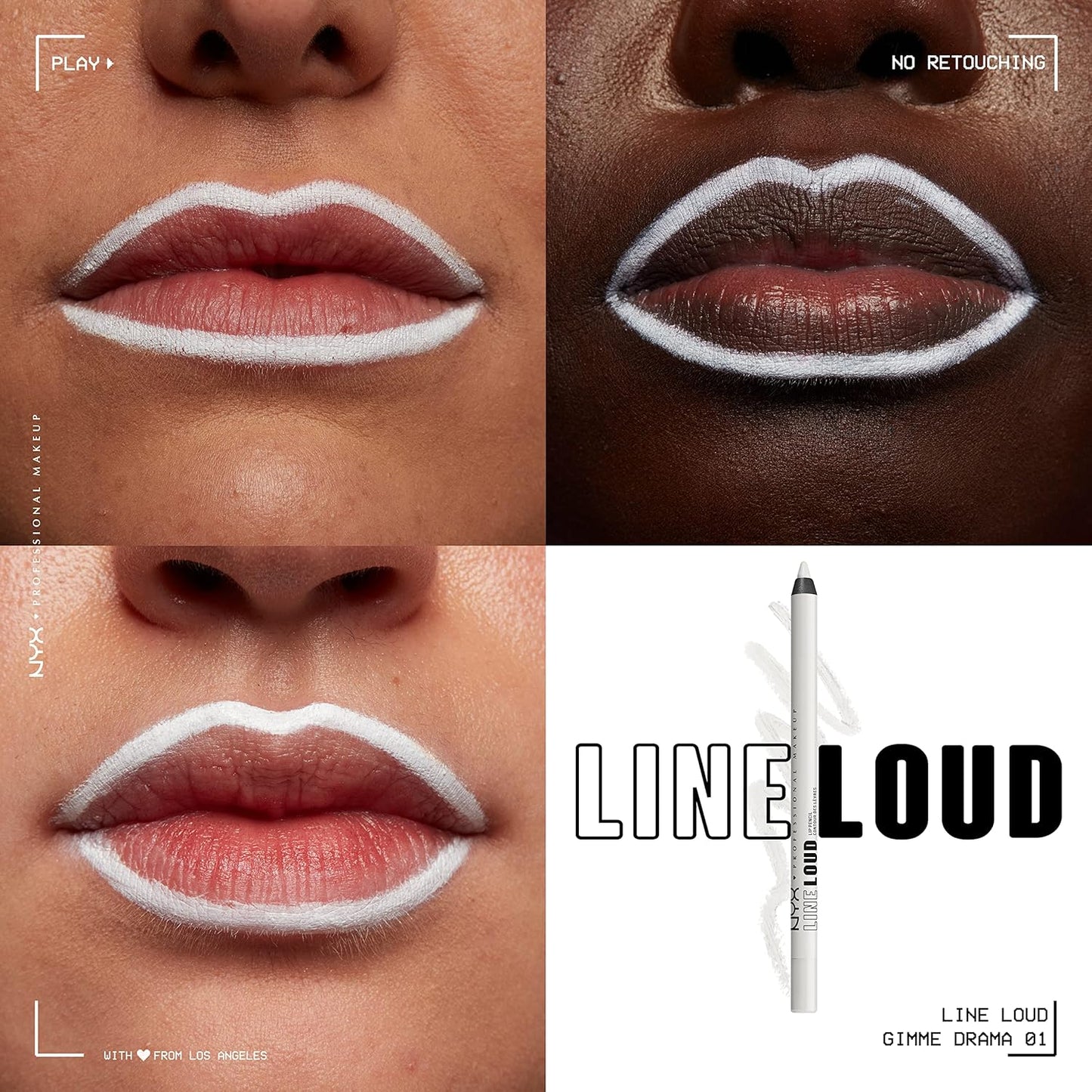 NYX PROFESSIONAL MAKEUP Line Loud Lip Liner, Longwear and Pigmented Lip Pencil with Jojoba Oil & Vitamin E - Gimme Drama (White)