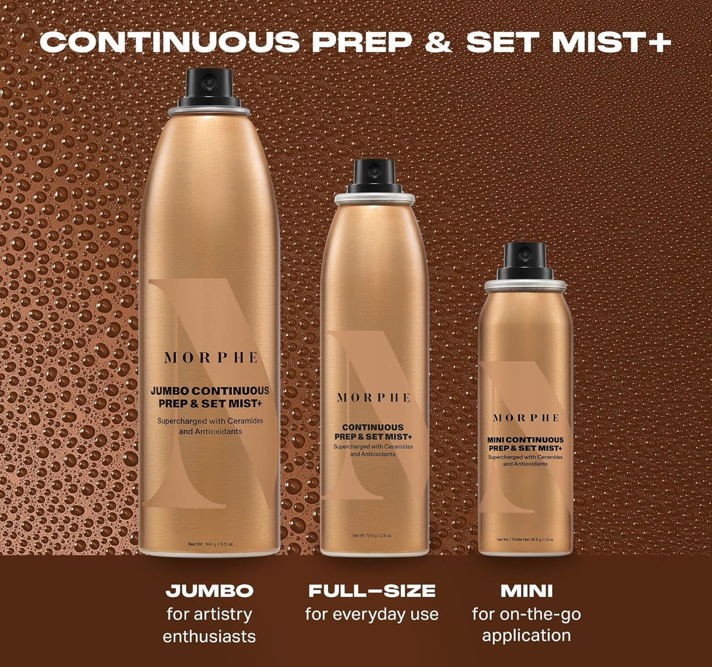 Morphe Mini Continuous Prep & Set Setting Spray - Hydrating Setting Spray for Makeup & Skin Prep - Enriched with Ceramides and Antioxidants for a Radiant Finish (3 Count, 1.3 fl oz)