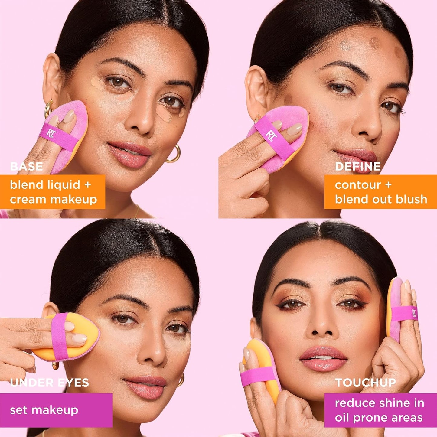 Real Techniques Miracle 2-In-1 Powder Puff + Travel Case, Dual-Sided Makeup Blending Puff, Elastic Band, Precision Makeup Sponge & Powder Puff, For Liquid, Cream & Powders, Travel Case, 2 Count
