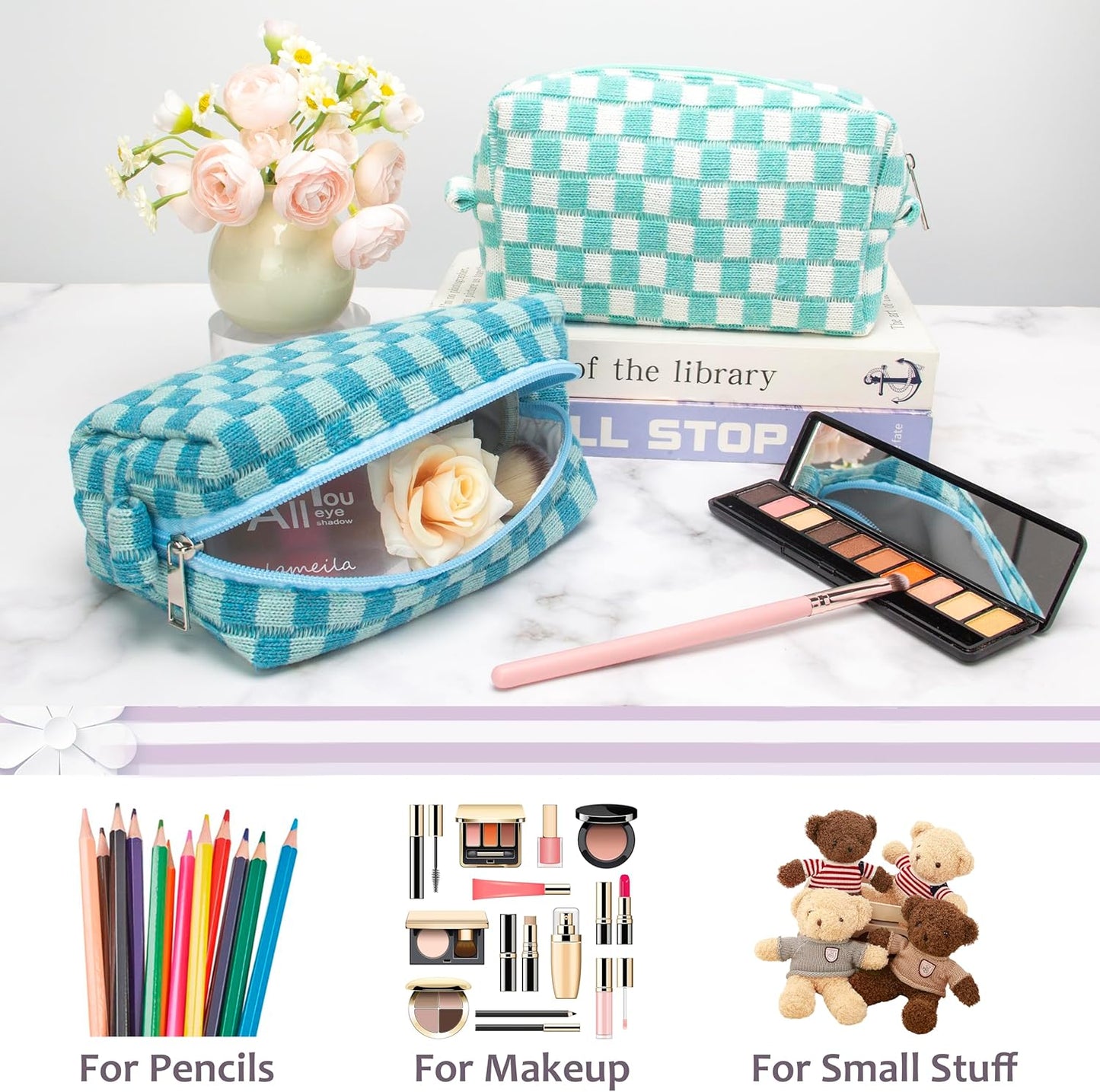PAZIMIIK Checkered Makeup Bag for Purse Portable Zipper Make Up Pouch Small Cosmetic Case for Travel Accessories Lake Blue