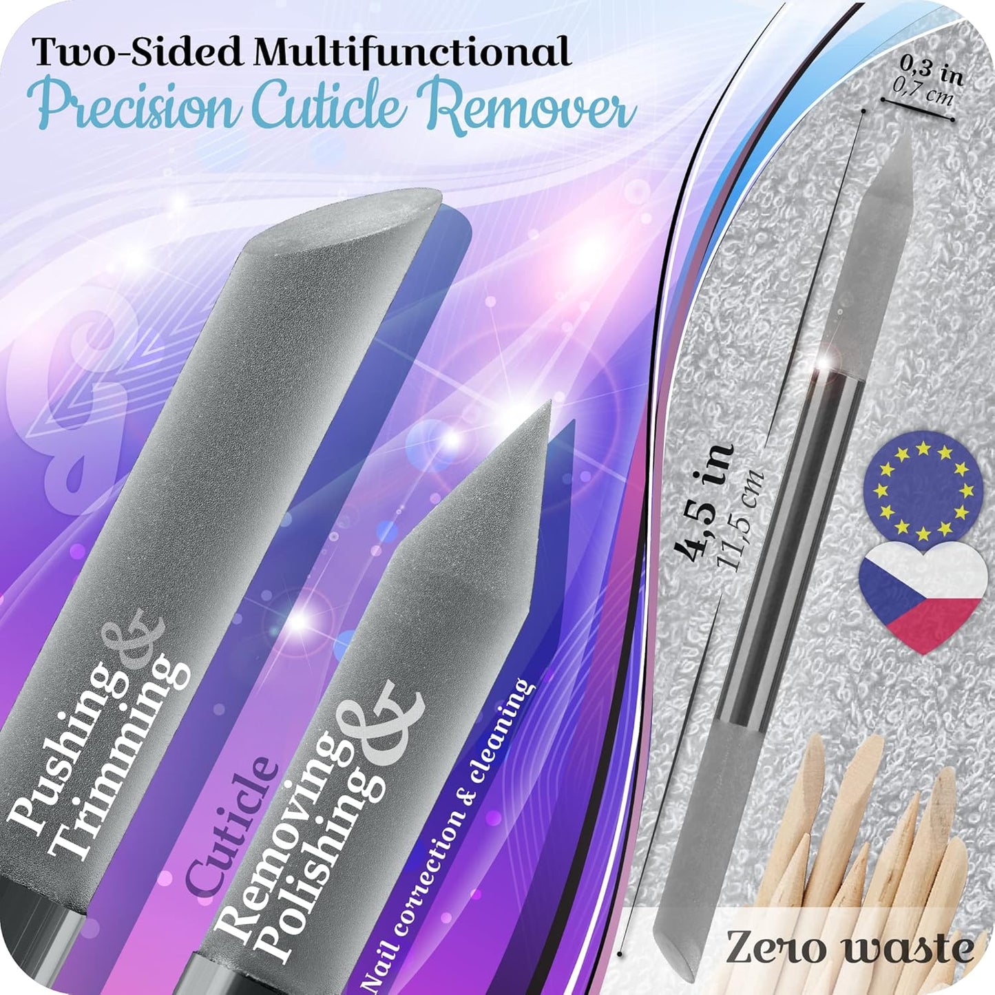 GLADZY Glass Cuticle Pusher - Manicure Cuticle Stick - Crystal Glass Cuticle Remover - Professional Nail Care Tool - Genuine Czech Quality Premium File Set