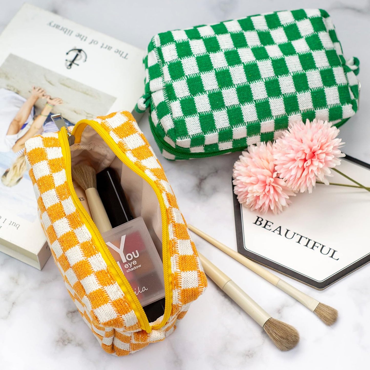 PAZIMIIK Checkered Makeup Bag for Purse Portable Zipper Make Up Pouch Small Cosmetic Case for Travel Accessories (Orange)