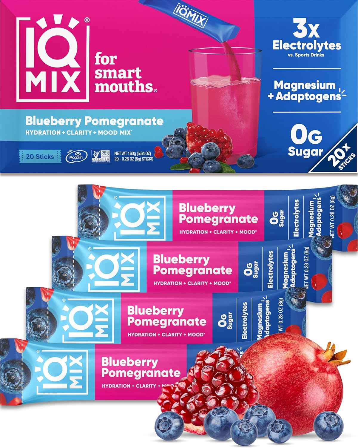 IQMIX Hydration Electrolyte Powder – 4-in-1 Formula for Hydration, Mental Clarity, Mood and Recovery – Sugar-Free Drink Mix, Keto, Magnesium L-Threonate, Lion’s Mane – 20 Count Blueberry Pomegranate
