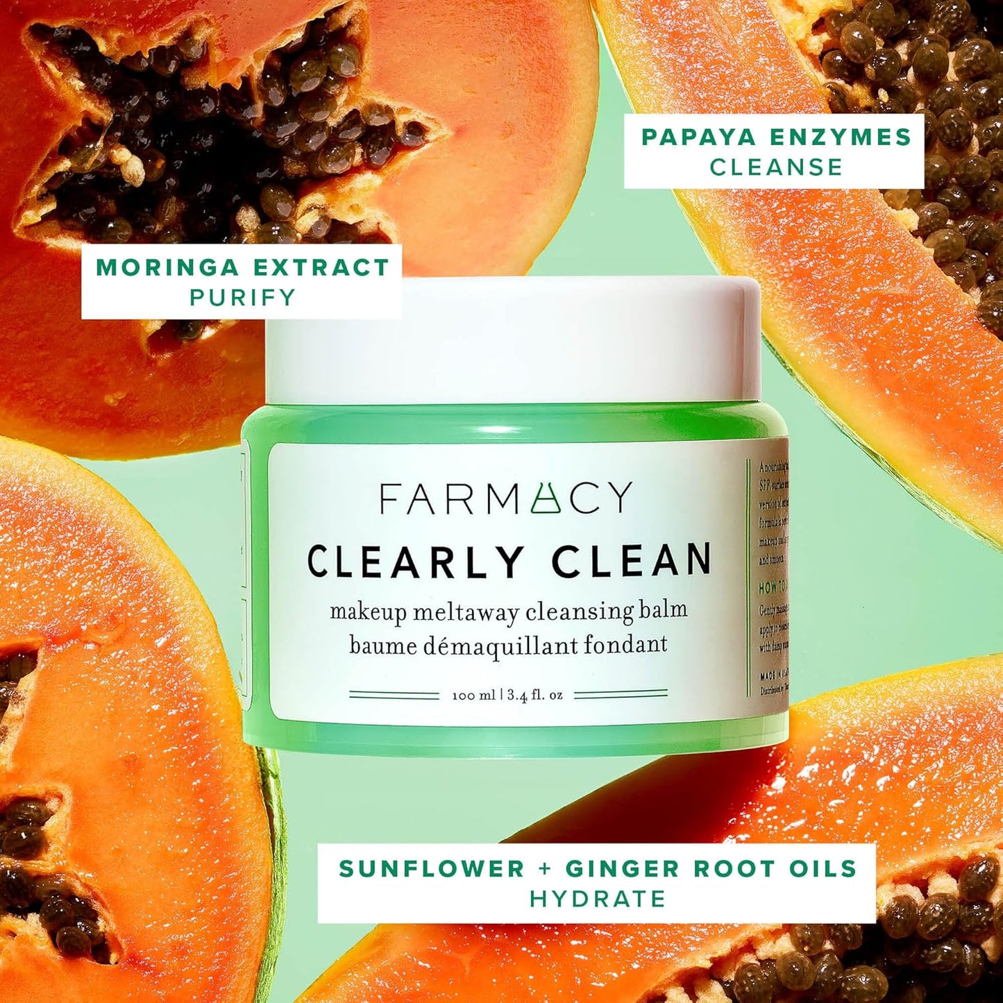 Farmacy Makeup Remover Cleansing Balm - Clearly Clean Sensitive Skin Makeup Remover + Oil Based Cleanser - Gentle Exfoliating Double Cleanser - Melts From Balm to Milky Lather - Fragrance Free (100ml)