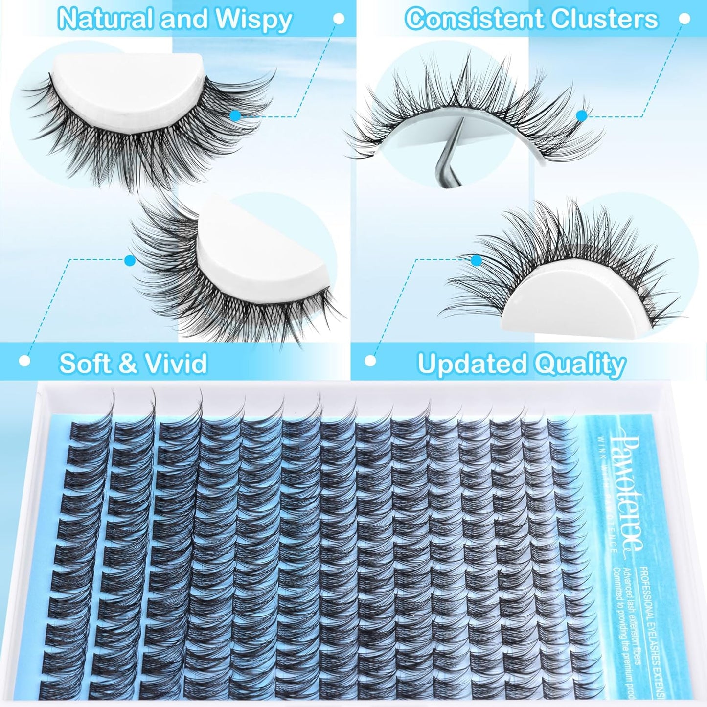 Pawotence Lash Clusters Kit Wispy Lash Extension Kit 8-16mm Natural Cluster Eyelash Extension Kit Individual Lashes 154pcs Eyelash Clusters with Lash Bond and Seal, Lash Tweezers for Self Use