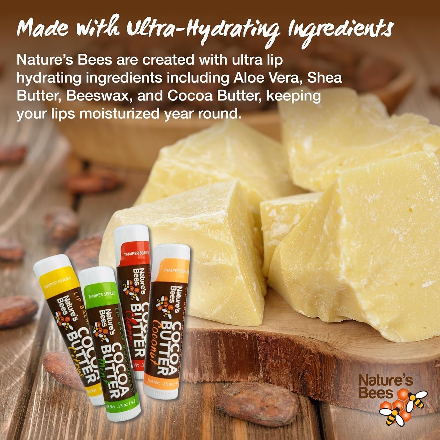 Nature's Bees Cocoa Butter Lip Balm Moisturizer, 24 Pack with 4 Flavors, Original, Shea Butter, Mango Butter, and Olive Oil, Made with Coconut Oil, Beeswax, Vitamin E and Aloe, 0.15 oz