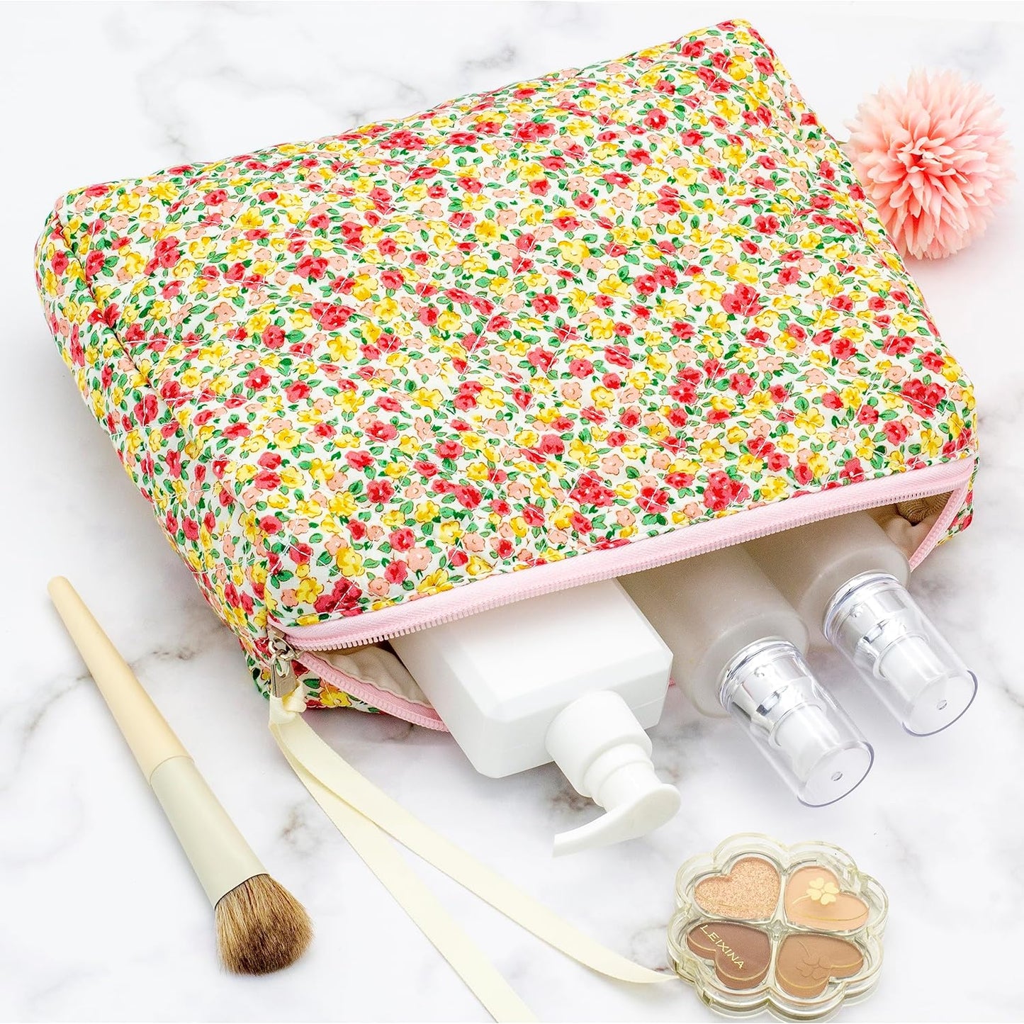 PAZIMIIK Quilted Makeup Bag Large Travel Zipper Soft Cosmetic Pouch for Women Girls Make Up,Little Flower